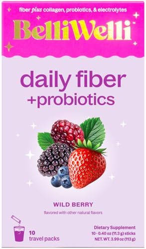 Belli Welli Daily Fiber Supplement Packets with Collagen, Probiotics & Electrolytes | Single Serve Packets for Gut Health, Digestion & Debloating | Wild Berry | 10 Count