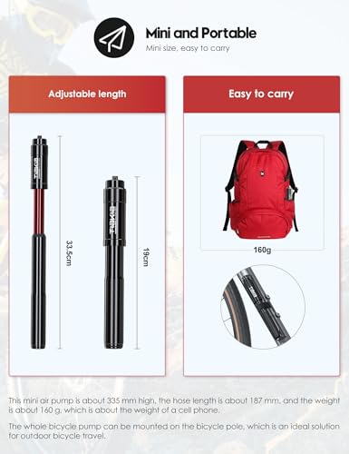 Image of Tiakia Mini Bike Pump, Portable Bicycle Pump with Bracket, 260PSI High Pressure Frame Pump Air Hand Pump Fit Presta, Schrader & Woods Valves, Aluminum Alloy Tire Pump for Road /Mountain Bikes, Balls