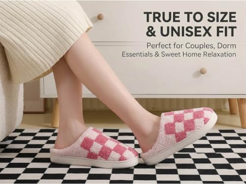 Image of Checkered Slippers for Women and Men - Fuzzy House Slippers with Memory Foam, Comfy Plush Fluffy Indoor House Shoes, Cozy Warm Slip on Bedroom Slippers with Non-Slip Sole