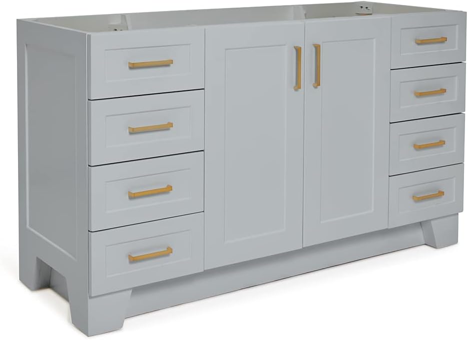 DKB Emilia 60-Inch Grey Single Bathroom Vanity Base Cabinet, Solid Wood Frame, 2 Soft Closing Doors, 9 Dovetail Drawers, Toe Kick, Satin Brass Hardware, No Top or Sink