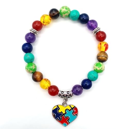Autism Awareness 7 Chakra Beads Elastic Bracelet Colorful Beaded Love Heart Cross Ribbon Puzzle Jigsaw Charm Jewelry Gift for Autism Teacher Autistic Population