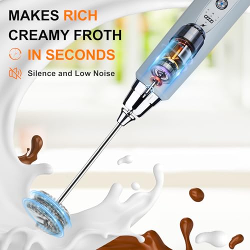 Image of YUSWKO Handheld Milk Frother for Coffee, Rechargeable Drink Mixer with 3 Heads 3 Speeds Electric Whisk Coffee Frother For Latte, Cappuccino, Hot Chocolate, Egg - Cement Gray