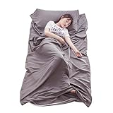 Xynovate Hüttenschlafsack aus Baumwolle, 2in1 Hüttenschlafsack Ultra leicht mit Reißverschluss, Dünner Reiseschlafsack, Schlafsack Inlett für Backpacking, Hostels und Berghütten,Grau