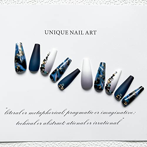 24 Pcs Press On Nails Long Coffin Dark Blue Glossy Fake Nails Purple Gradient Matte Full Cover False Nails With Color Rhinestone And Gold Sequins Designs Extra Long Glue On Nails Acrylic Nails For Women And Girls #TOP1