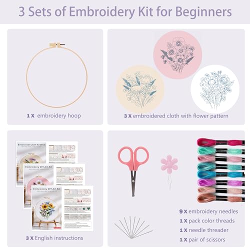 Image of Offizon 3 PCS Embroidery Kit for Beginners Stamped FlowerB Pattern | Cross Stitch DIY Craft Set, Hoop Included, Flower Embroidery Accessories, Stitching Sewing Kit Gift for Adults