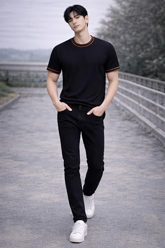 Image of London Hills Men's Solid Round Neck t Shirt for man | Tshirt for man | Mens Tshirt | t Shirt | Tshirts for Men,| Men t-Shirts with Contrast Tipping | Round Neck t Shirts for menn