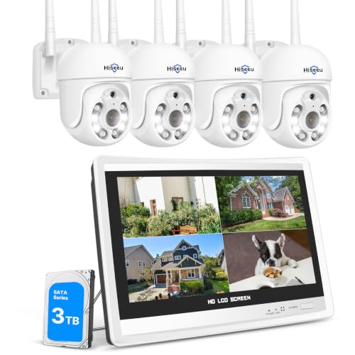 【 5 MP + PTZ】 Set telecamera di sorveglianza Hiseeu per esterni WLAN con monitor 12 pollici 10 CH Wireless NVR, 4 telecamere PTZ da 5 MP con audio a 2 vie, visione notturna a colori, visualizzazione