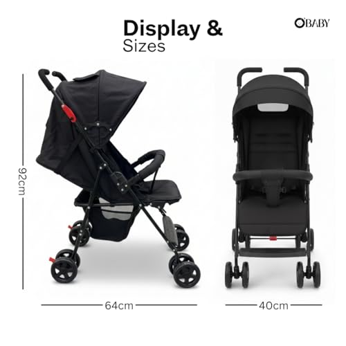 Image of OBABY Stroller with Reclining Seat, Adjustable Canopy, Safety Harness, Smooth Wheels, Compact Folding Design (Small-Darkgrey)