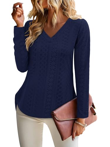 KISSMODA Long Sleeve Fall Shirts For Women V Neck Tunic Tops Embroidered Button Down Knitted Blouses 2025
