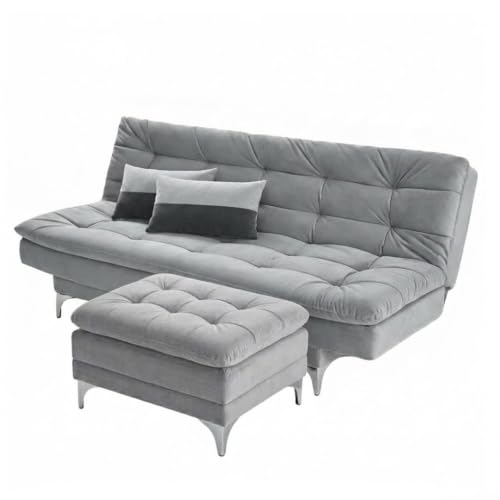 Image of FURNY Supersoft 3 Seater Fabric Sofa Cum Bed with Ottoman (Light Grey) Premium Velvet Finish with Extra 2 Cushions, Ideal for Living Rooms, Bedrooms, Offices