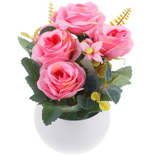 HOMSFOU Künstliche Rosenpflanze Im Topf Dekorative Faux-Blume Für Wohnzimmer Schlafzimmer Und Büro Pflegeleichte Bonsai-Dekoration in Rosa Hochwertige Kunstpflanze Ohne Wartung Für
