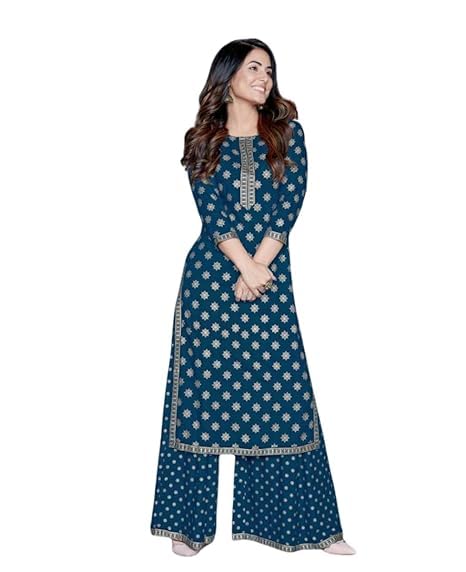 Image of PK HUB Women's Rayon Straight Kurti with Palazzo