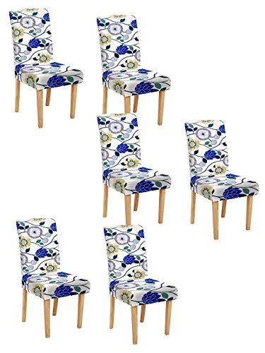 Image of Cortina Dining Chair Slipcovers | Protection Chair Covers | Floral Print, Removable, Washable | Universal Fit Super Soft Stretchy Polyester Spandex | Hotel, Marriage, Wedding | Pack of 6, White 2