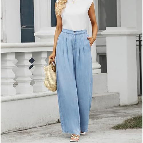 Women's Wide Leg Jeans High Waisted Elastic Waistband Casual Pants Suitable for Spring and Autumn