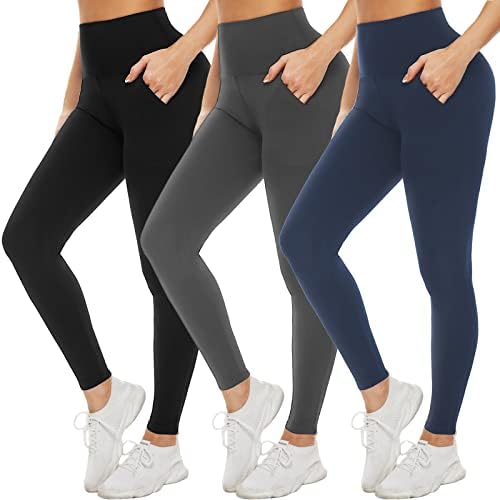 NEW YOUNG 3 Pack Leggings with Pockets for Women,High Waisted Tummy Control Workout Yoga Pants(3 Pack-Black/Navy/Grey, Small-Medium)