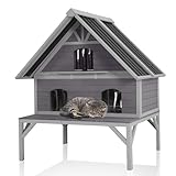 Aivituvin Large Outdoor Cat House Weatherproof 2-Story Wooden Feral Cat Shelter Cat Condo for Winter with Waterproof Roof, Large Porch Balcony, Escape Doors (Easy-Access Design)