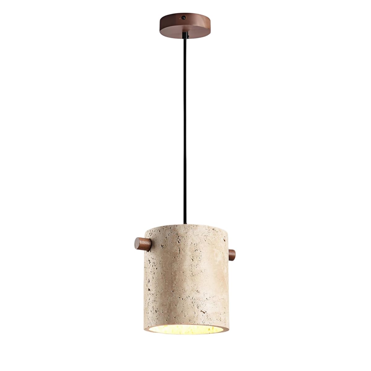 Lampada a Sospensione, a in Travertino Giallo Naturale da 5,5" con Paralume in Pietra Gialla e Finitura in Legno Massello, Mini Apparecchio di Illuminazione a Soffitto retrò for Comodino Camera Letto