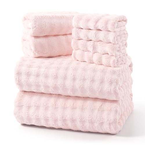 REDKISS Soft Bath Towel Sets 8-Piece Microfiber Quick Dry & Absorbent 35x70 in Large Bath Sheet 14x30 in Hand Towel 12x12 in Washcloth Pink Bathroom Towel Set