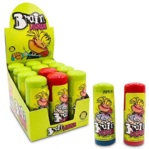 Brain Licker Blue Raspberry & Sour Strawberry Flavour Liquid Candy 12 x 60ml Bulk Pack | Sour Rollerball Bottle Sweets | Tongue Painter Novelty Treat for Party Bags and Gifting