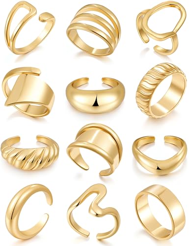 17 MILE 12 PCS 18K Gold Plated Chunky Stackable Rings for Women Non Tarnish, Statement Open Stacking Rings, Knuckle Band Ring Set
