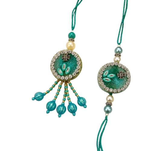Bhaiya Bhabhi Lumba Rakhi Set | Teal Crystal & Pearl Beads | Premium Handmade Traditional Raksha Bandhan Combo | Greeting Card Included-image-8