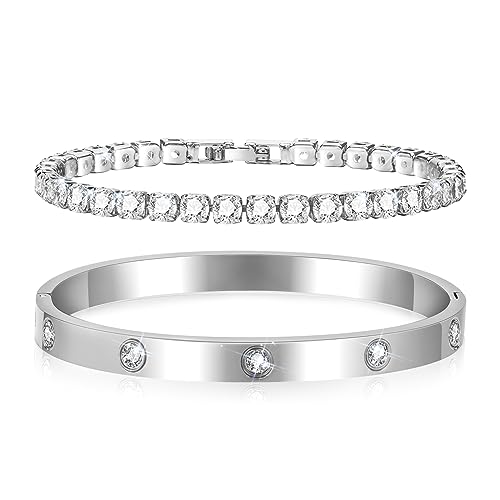 LACHT 2 Stück Armband Damen Silber - 17 cm Kristallen Tennis Armband 6mm Breit Cubic Zirkonia Armreif für Frauen, Wasserfester Tennisarmband mit Edelstahl Armbänder Set Geschenke für Damen