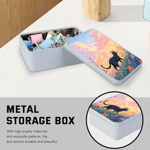 Image of Metal Tin Box with Lid,Multi-functional Storage Large Box Can Store Tea Biscuits Game Cards, Playing & Tarot Cards-Comes with 4 Magnetic Cord Clips,Black Cat in Flower Field