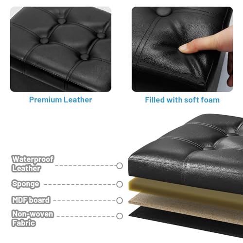 Image of Bsketa Storage Ottoman Bench,17 Inch Folding Leather Foot Rest Stool, Black | Small Ottoman with Side Pockets, Thicker Foam Padded Seat, Livingroom, Dorm, Bedroom, Easy to install, 43L,17x13x13in