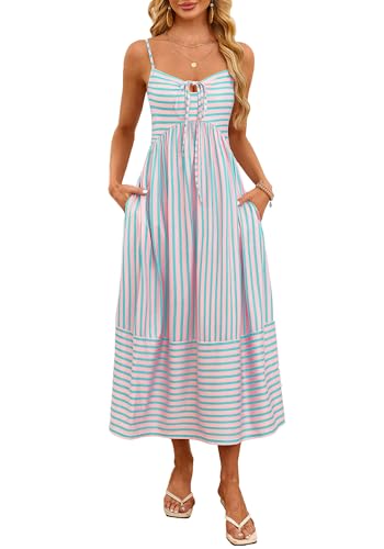 Image of Fashionme Womens Summer Maxi Dresses 2026 Trendy Striped Vacation Boho Beach Spaghetti Strap Sundress Back Tie with Pockets