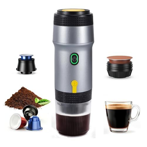 SOONHUA Portable Coffee Maker, 3 in 1 Cordless Espresso Machine Compatible with NES/DG Capsule & Ground Coffee, Travel Coffee Maker Self-Heating for RV, Hiking, Office, Silver