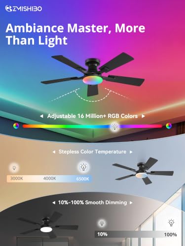 Image of ZMISHIBO 42 Inch RGB Ceiling Fan with Light, Remote&App Control,Flush Mount | Low Profile, Dimmable 20W LED Light, Quiet Reversible Motor, Strong Airflow, Easy Install for Bedroom /Living Room /Apt, Black