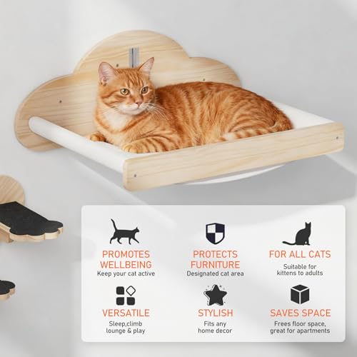 Image of XiaZ Cat Wall Hammock Mounted Bed with 4 Climbing Steps, Modern Cats Shelves and Perches up to 30lbs, Wooden Kitten Wall Furniture for Indoor Sleeping, Playing, Climbing and Lounging (Hammock)