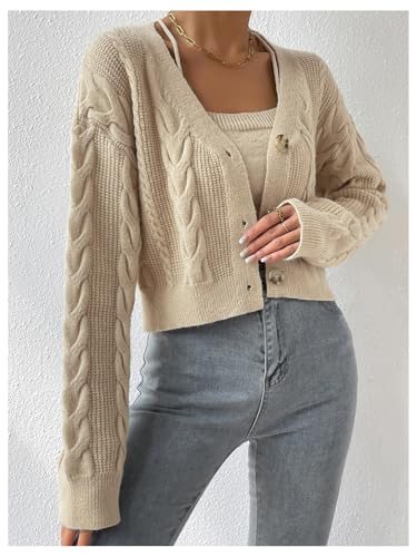 Image of MakeMeChic Women's Two Piece Outfit Cable Knit Cropped Cardigan Sweater and Cami Crop Top Set Apricot Medium