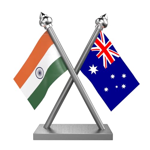 Image of The Flag Company India & Australia Car Dashboard Flag 2x3 Inch Premium Flags with Stainless Steel Pole & Base | Compact Dual Display for Car Interiors & Desks