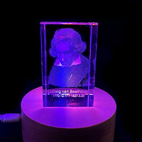 Shtwx 3D Beethoven Figure Bust Statue Paperweight Laser Etched In Crystal Glass Cube Birthday (No Included Led Base)(3.1X2X2 Inch) #TOP3