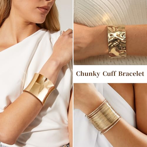 33 Pcs Chunky Gold Jewelry Set for Women Gold Plated Cuff Bracelet Hoop Earrings Stackable Open Rings Fashion Costume Jewelry4