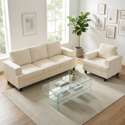 Image of Mjkone 82 inch Width 2 Piece Living Room Sofa Set, 3 Seater Sectional Sofa Couch and Chair Sets, Modular Fabric Sectional Couch Furniture Sets, Chenille Sofas Couches for Living Room Home Apartment, Beige