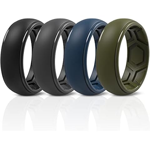 ThunderFit Silicone Rings for Men - 4 Rings Breathable Edition Step Edge Rubber Engagement Bands - 8.4mm Width (Black, Dark Blue, Olive, Dark Grey, 11.5-12 (21.3mm)) Cover