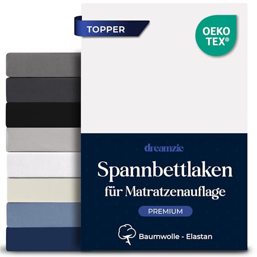 Dreamzie Topper Spannbettlaken 180x200cm - Baumwolle Elastan Premium Komfort 250gsm - 18 cm Topper oder Flache Matratzen - Oeko-Tex - Weiß
