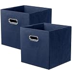 powerking Fabric Storage Box Bins, 2 Pack Foldable Cloth Storage Cube Organizer Drawer with Metal Handle For Closet And Toys Storage,Deep Blue