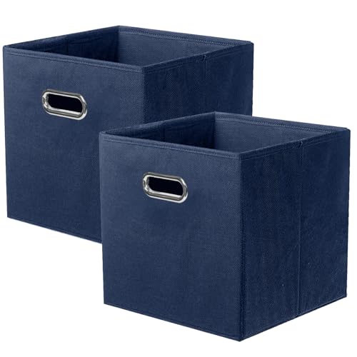 powerking Contenitore contenitore di stoccaggio in tessuto, 2 Pack pieghevole panno di stoccaggio Cube Organizer Cassetto con maniglia in metallo per armadio e giocattoli di stoccaggio, Blu Profondo