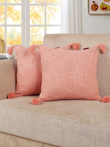 Image of HOMADORN Luxury Cotton Handmade Decorative Boho Throw Pillow Covers with Tassels for Sofa Couch Living Room Indoor Outdoor Chair Car Farmhouse (16X16 INCHES (Square), Peach (Pack of 2))