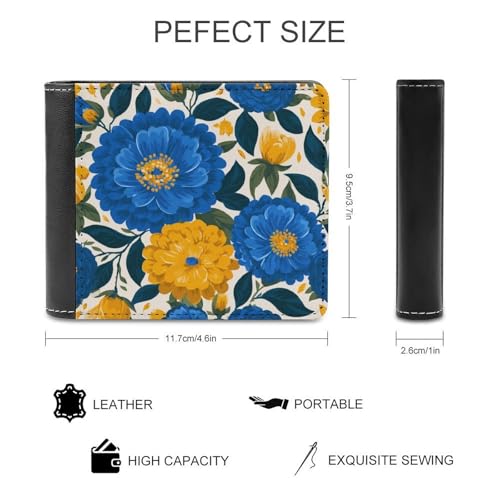 Yellow Blue Flowers Soft PU Leather Bifold Wallet, Coin Purse Credit Pass Case, Durable Card-Holder Slim Billfold for Men Woman Money Storage2