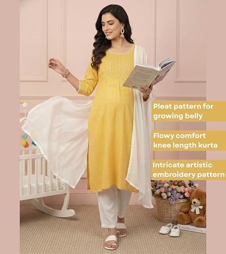 Image of DUMMY SHAPE Feeding Kurta Set for Women Cotton Blend | Floral Embroidered Pregnancy Kurta Pant Dupatta with Nursing Zippers | Pre & Post Partum | Maternity Dresses | Mom to Be Gifts