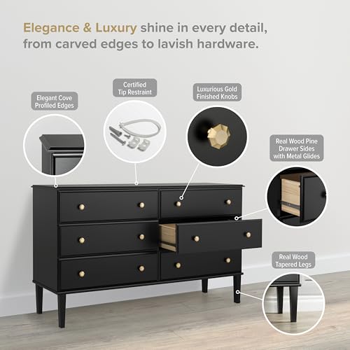 Image of Prepac Lux Dresser, Black Dresser for Bedroom, Chest of Drawers with 6 Drawers 18.5 inch D x 56.25 inch W x 33 inch H, BDBR-2306-1