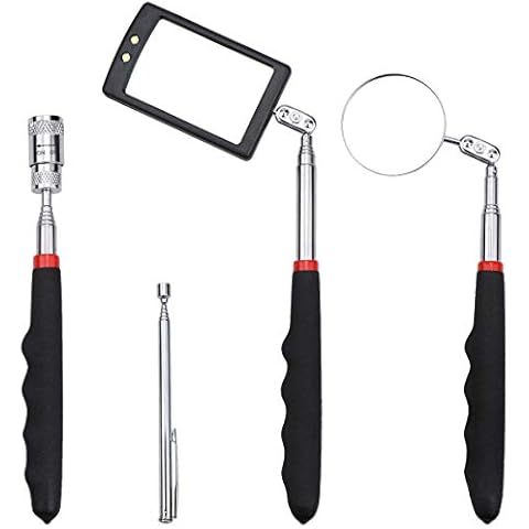 Telescopic Inspection Mirror,Homgaty 4Pcs Rectangular/Round Magnetic Pick-Up Tool with LED Light, Extendable Pick-Up Stick with Magnet,Magnetic Retrieval Pen for Retrieving Metal Objects Cover