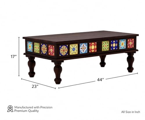 Image of Sheesham Wood Rectangle Center Coffee Table for Living Room | Centre Table for Drawing Room, Office & Home | Multicolor Tiles Design| Walnut Finish