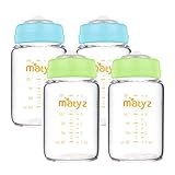 Matyz Glass Breastmilk Storage Containers, 4 Pack, 6 oz Bottle, Fit with Spectra Medela Avent Pump - Wide Mouth Breastmilk Collection and Storage Bottle with Lids - No BPA (2 Green & 2 Blue Lids)