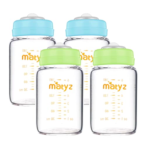 Matyz Glass Breastmilk Storage Containers, 4 Pack, 6 oz Bottle, Fit with Spectra Medela Avent Pump - Wide Mouth Breastmilk Collection and Storage Bottle with Lids - No BPA (2 Green & 2 Blue Lids)
