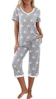 PrinStory Women Pyjamas Set Pjs For Women Sets Short Sleeve Shirt And Capri Pants Loungewear Sets Ladies Sleepwear Nightwear With Pocketsfloral Print (Stars Pink, S)